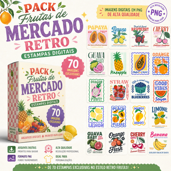Pack Digital de 70 Imagens Frutas de Mercado Retro + Mockups Ecobag e T-shirts