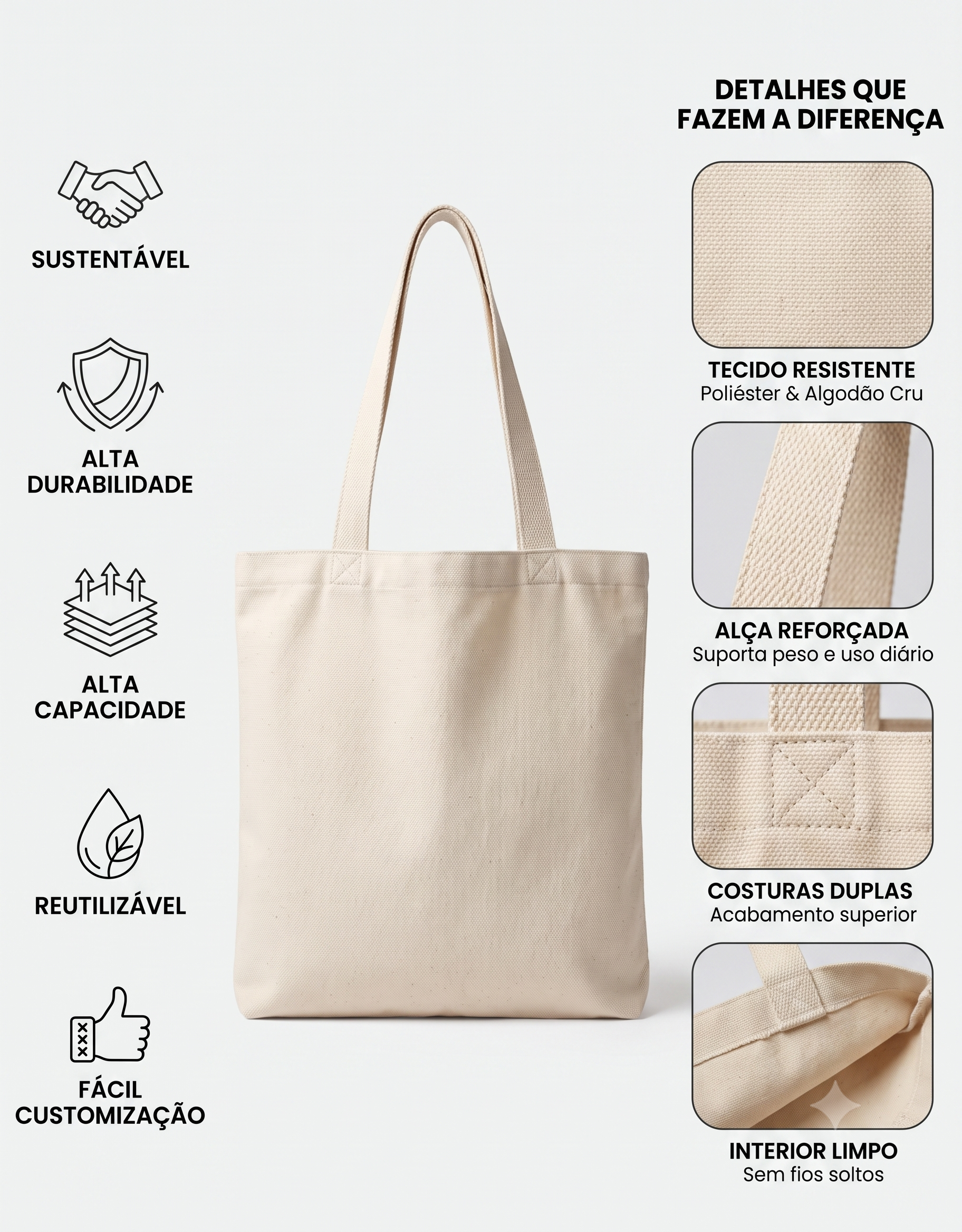 Ecobag Algodão Crú - 37cm x 40cm - Lisa