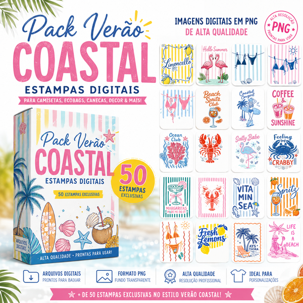 Pack Digital de 50 Imagens Praia Costal + Mockups Ecobag e T-shirts