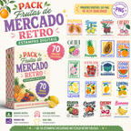 Pack Digital de 70 Imagens Frutas de Mercado Retro + Mockups Ecobag e T-shirts
