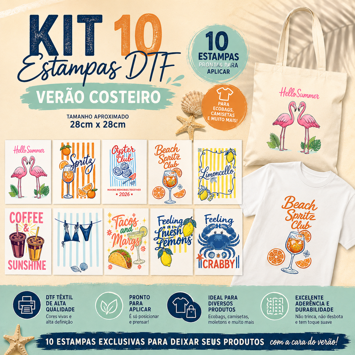 Kit 10 Estampas DTF Verão Costeiro - Prontas para Aplicar