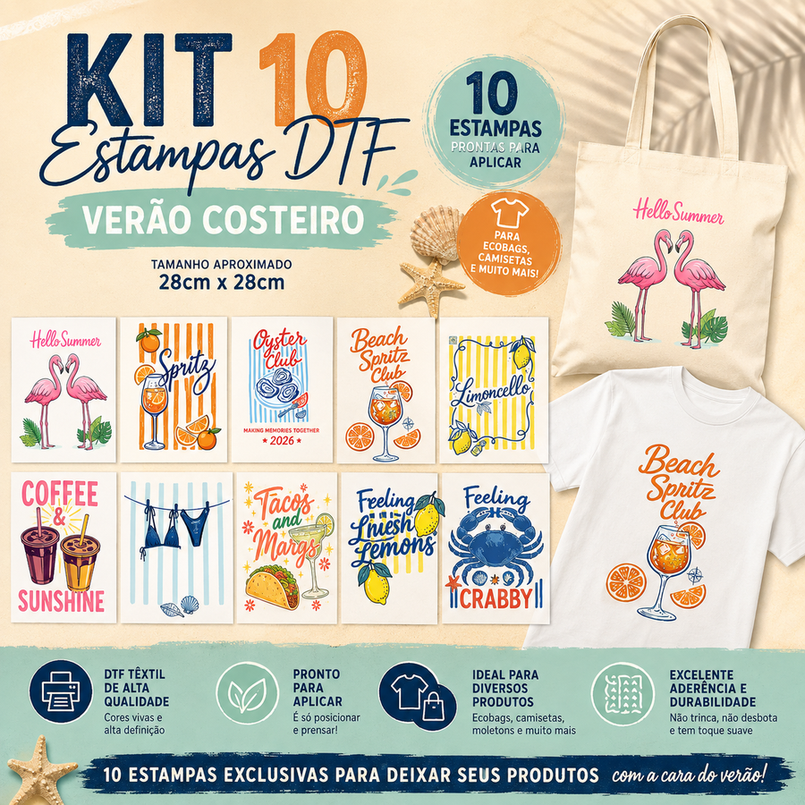 Kit 10 Estampas DTF Verão Costeiro - Prontas para Aplicar